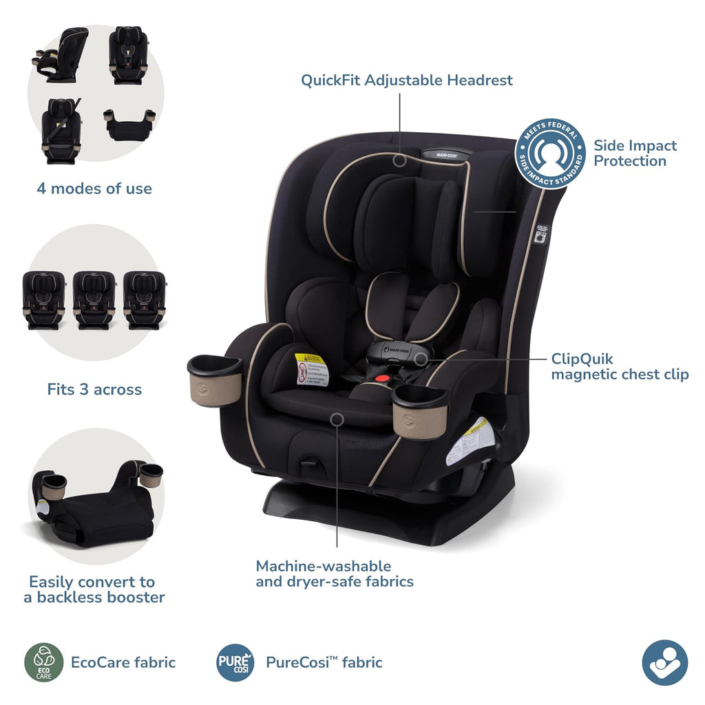 Maxi-Cosi Kani 4-in-1 Infant Kids Convertible Car Seat, Rear-Facing, Forward-Facing, Booster, Slim 3-Across Fit, Magnetic Buckle, 5-Position Recline, Fits 5-100 lbs, 19-57 in, Caspian Caviar