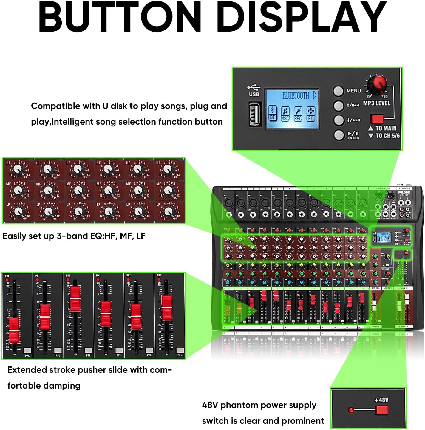 FULUODE 12 Channel Mixer Audio Console, CT-120S Professional Music Mixer DJ Mixing Board with Reverb Bluetooth MP3 Player 48V Phantom Power Supply USB Recording for Studio Karaoke Live Performance