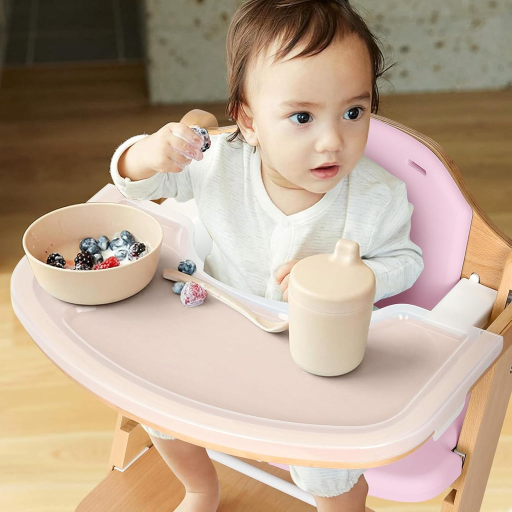 Cowiewie Natural Wooden High Chair for Babies & Toddlers 3-Tier Remove Adjustable Tray and Highchair with Cushions, Easy to Clean, Portable. (Pink)
