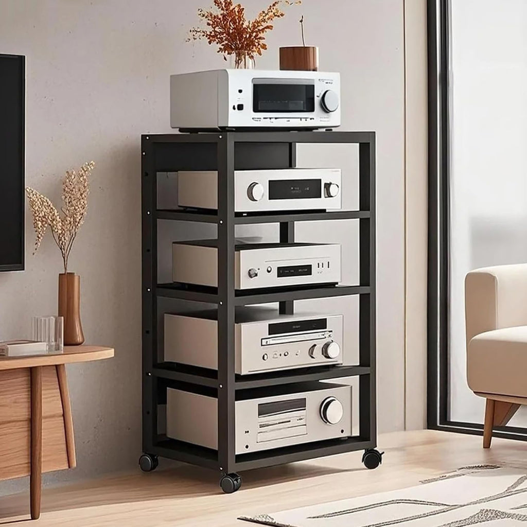 5 Tier AV Media Stand, Audio Rack Tower Stereo Components Cabinet, Home Theatre CD Record Player Stereo Receiver Equipment Rack with Adjustable Wood Shelves, Load 220lbs (Black)