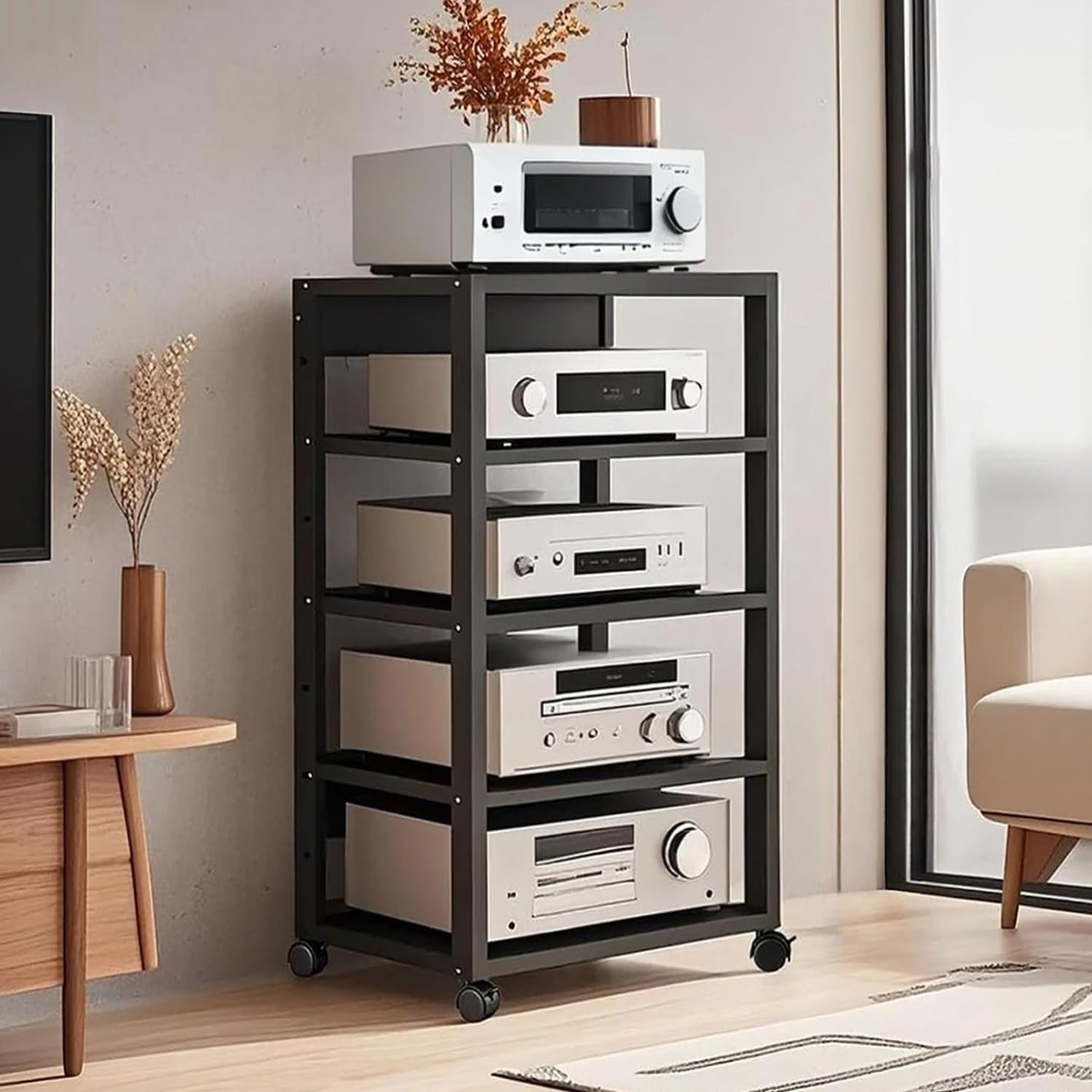 5 Tier AV Media Stand, Audio Rack Tower Stereo Components Cabinet, Home Theatre CD Record Player Stereo Receiver Equipment Rack with Adjustable Wood Shelves, Load 220lbs (Black)