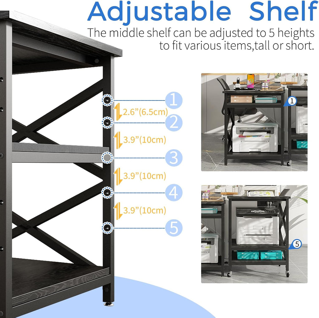 METYERRY Large Printer Stand with Power Outlet, with Height Adjustable Storage Shelf, 3 Tier Rolling Printer Cart with Industrial Wheels, 23.6 x 23.6 Inches Printer Table for Home Office,Black