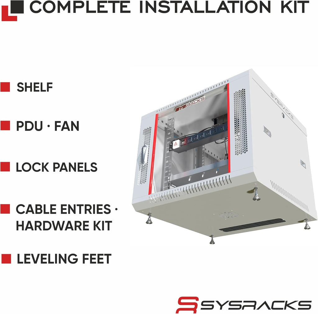 9U Wall Mount Server Rack Cabinet 24' Deep, 19' Network & AV Enclosure for Home Lab with Fan, PDU, 1 Shelf, Locking Glass Door