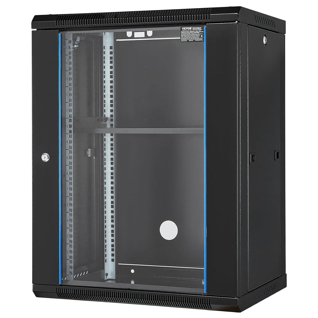 VEVOR 15U Wall Mount Network Server Cabinet, 18'' Deep, Server Rack Cabinet Enclosure, 500 lbs Max. Ground-Mounted Load Capacity, with Locking Glass Door Side Panels, for IT Equipment, A/V Devices