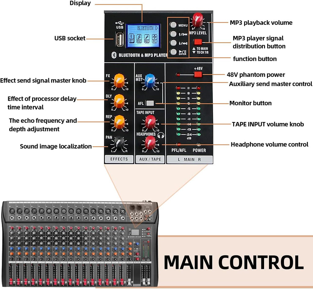 Depensheng DX16 DJ Sound Controller Interface w/USB Drive for Computer Recording 16-Channel Studio Audio Mixer - XLR Microphone Jack, 48V Power, RCA Input/Output for Professional and Beginners
