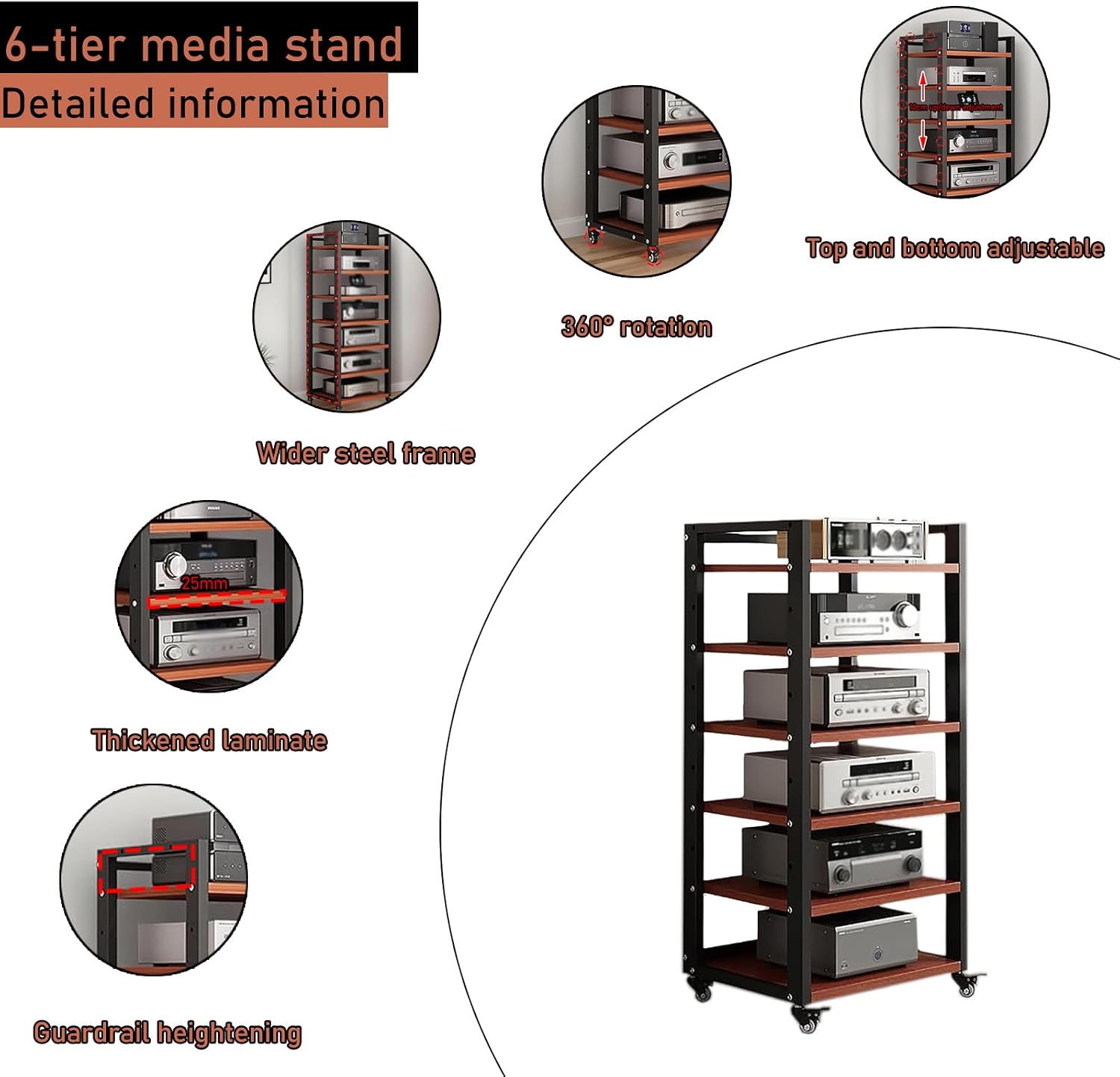 6 Tier Audio Rack Tower, CD Record Player Stereo Receiver AV Equipment Cabinet Display Rack, Weight Capacity 661 lbs, with Adjustable Wooden Shelves for Home (6 Tier Teakwood)