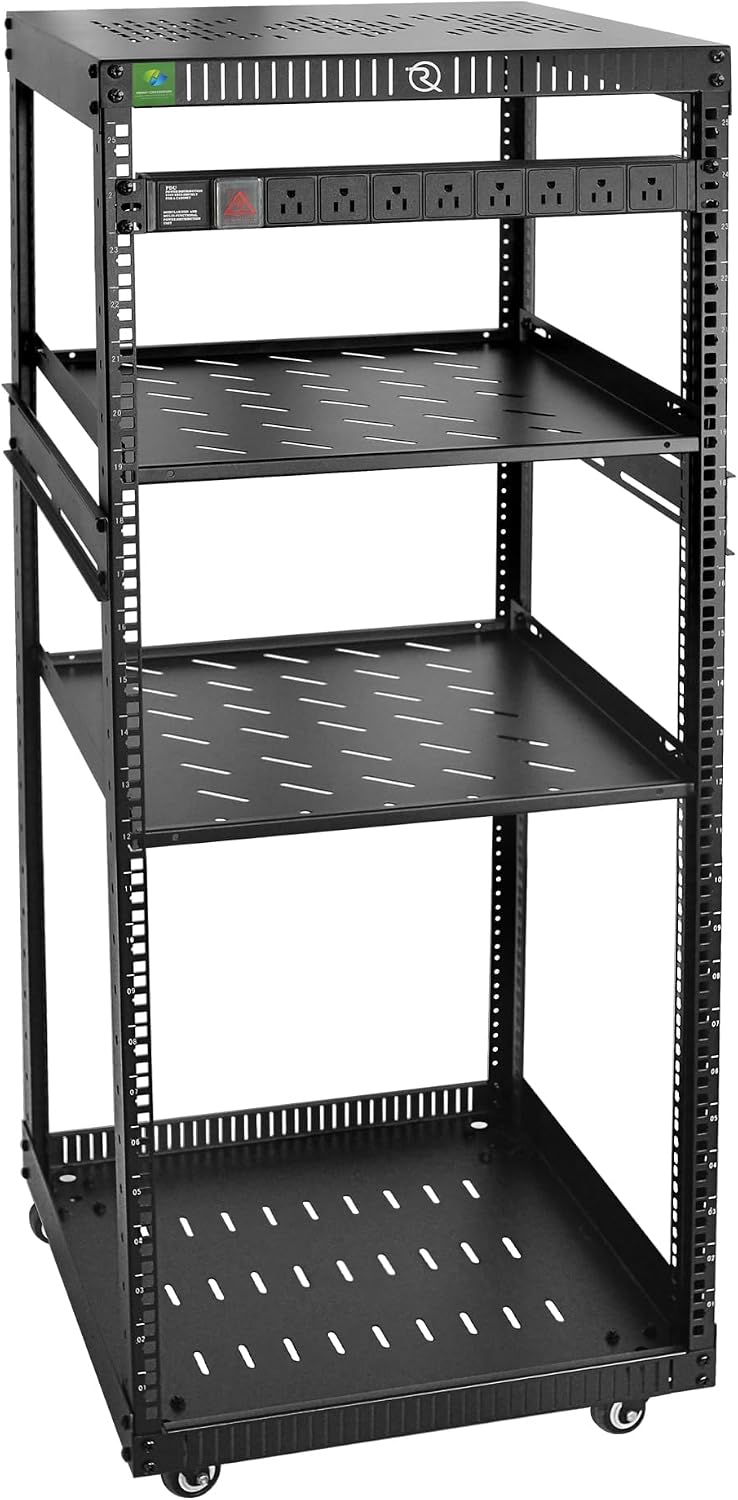 RIVECO 25U Network Rack with Reinforced Top Cover - 4 Post Floor Rack on Wheels for 19' Equipment & Stereo Gear- Including Mount Power Strip & 2PCS 1U Shelves