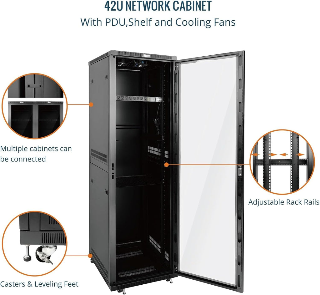 Tecmojo 42U Server Rack Network Cabinet 23.6' D x 23.6' W, Locking Data Cabinet Enclosure for 19' Server, Networking, AV & IT Equipment, Clear Door, Black