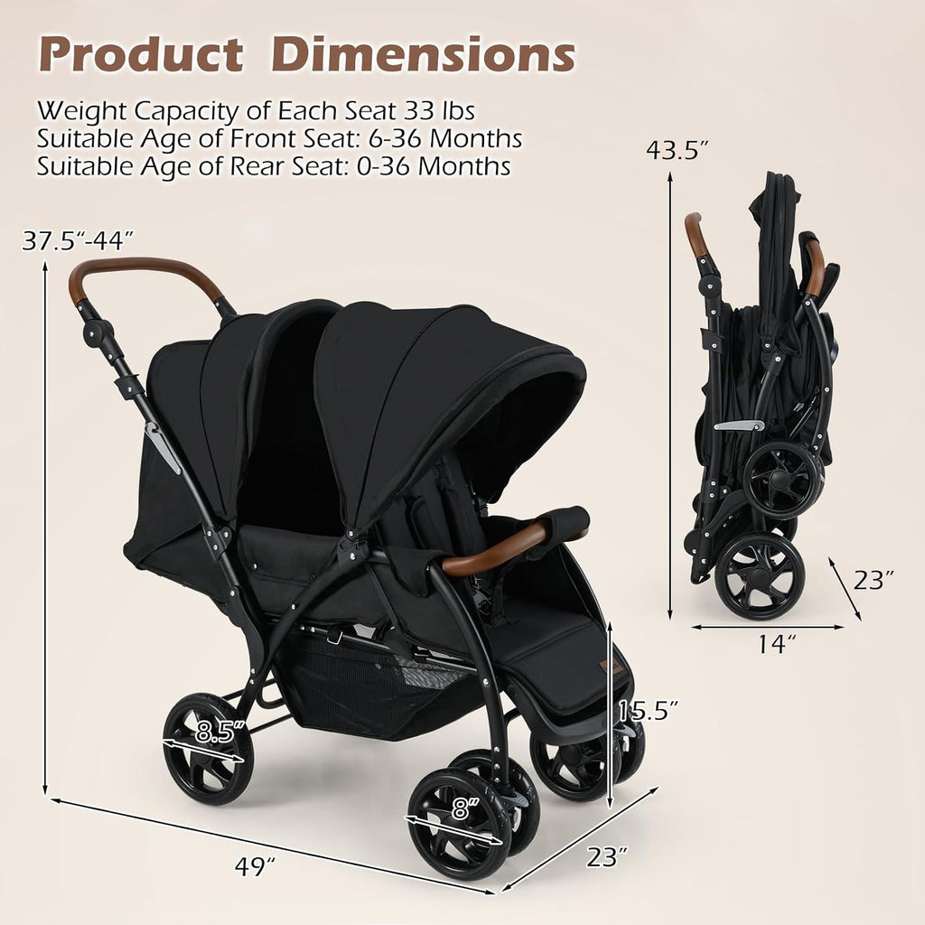 INFANS Double Stroller, Foldable Baby Tandem Stroller with Djustable Backrest Canopy Footrest, 5-Point Harness, Storage Basket, Convertible Compact Twin Stroller for Infants and Toddlers