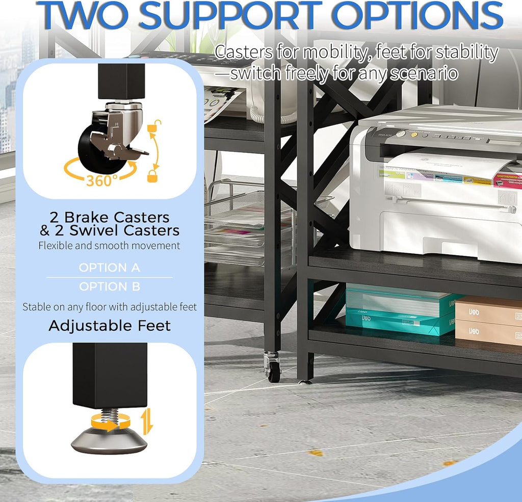 METYERRY Large Printer Stand with Power Outlet, with Height Adjustable Storage Shelf, 3 Tier Rolling Printer Cart with Industrial Wheels, 23.6 x 23.6 Inches Printer Table for Home Office,Black
