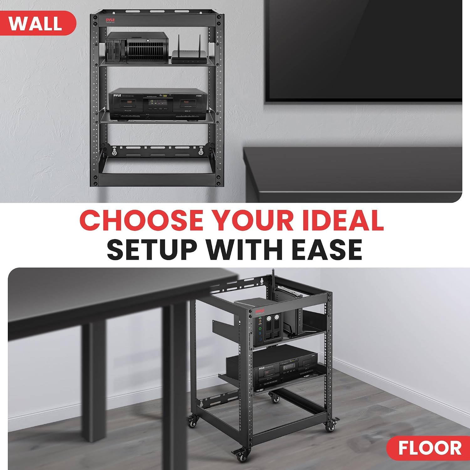 Pyle 15U Network Cabinet - Open Wall Mount Server Rack w/Heavy-Duty Wheels, Wall-Mountable, Steel Construction, Vented Shelves, Easy Access, 19' Equipment Compatible, 20 x 20 x 26 in (Black)
