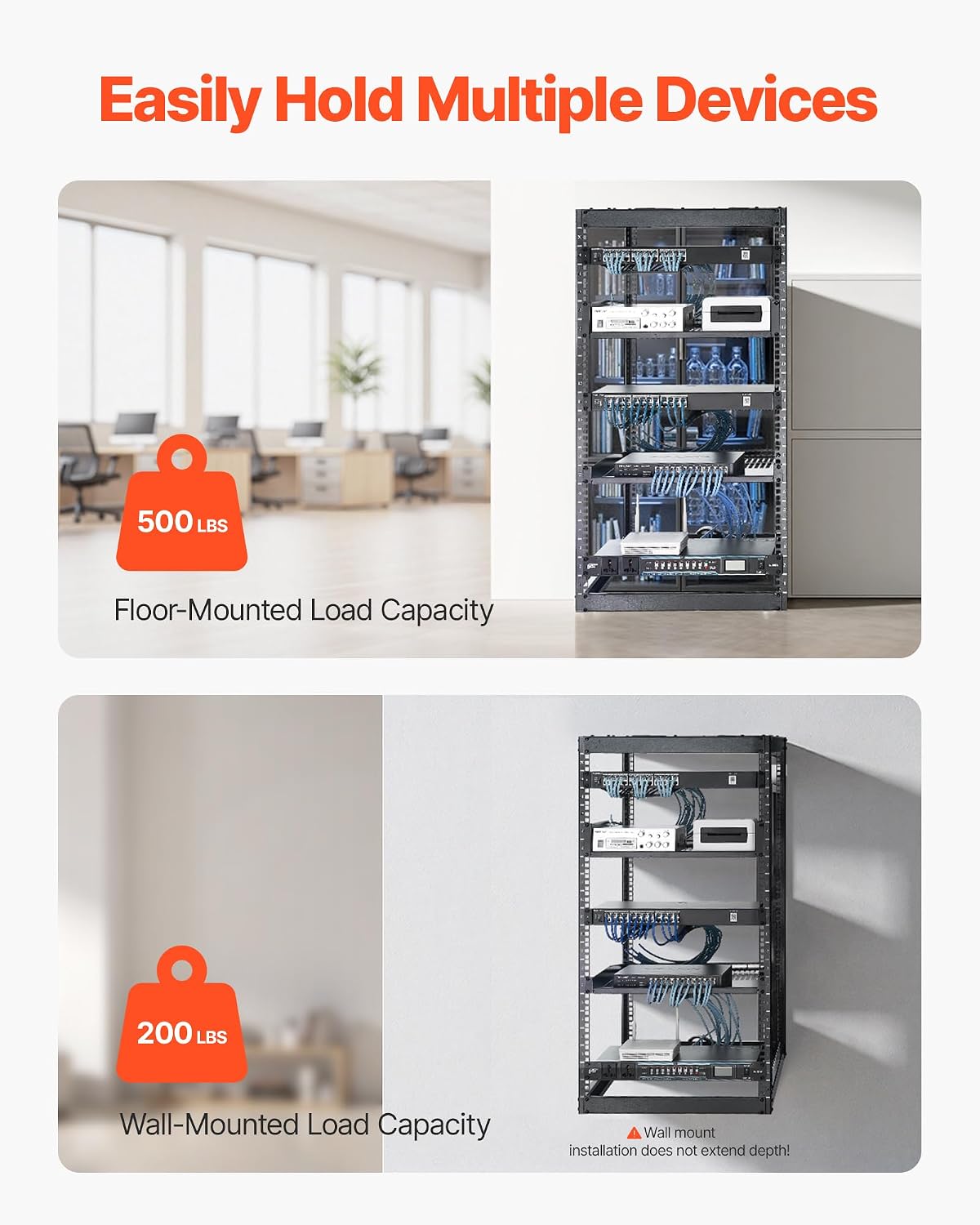 VEVOR 20U Server Rack, Open Frame Network Rack,4-Post Floor Standing or Wall Mounted, Includes 2PCS Vented 1U Rack Shelves & Mounting Hardware, Computer Wall Rack for 19' IT/AV Equipment