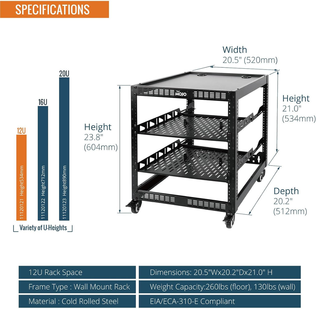 TECMOJO 12U Open Frame Network Rack for IT & AV Gear, 4-Post With Casters, Mobile With 2 PCS 1U Server Shelf & Mounting Hardware, for 19' Network, Audio and Video Device