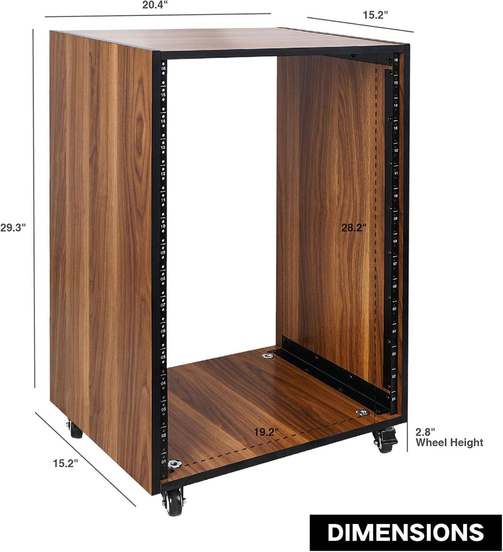 Sound Town DIY 16U Studio Rack with Furniture Grade Walnut Laminate, Rubber Feet, Casters (SDRK-16WN)