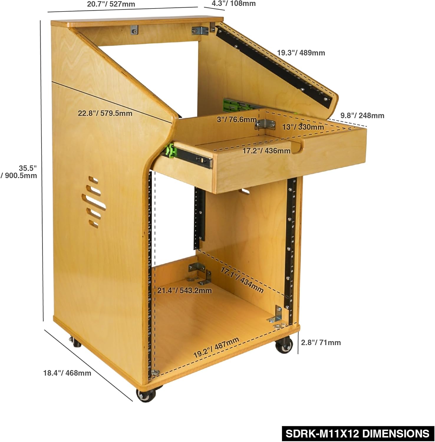 Sound Town DIY Solid Baltic Birch Plywood Studio Rack with 11U Slant Mixer Top,12U Front, 2U Drawer, Rubber Feet, Casters, Golden Oak (SDRK-M11X12)