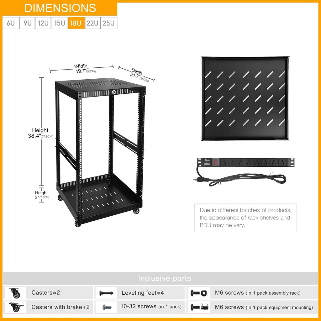 RIVECO OFCO 18U Network Rack with Reinforced Top & Bottom Vented Plates - 4 Rolling Wheels Floor Standing Rack for 19' Equipment & Stereo Gear - Including 1PCS Rack Shelf & Rail Mount PDU