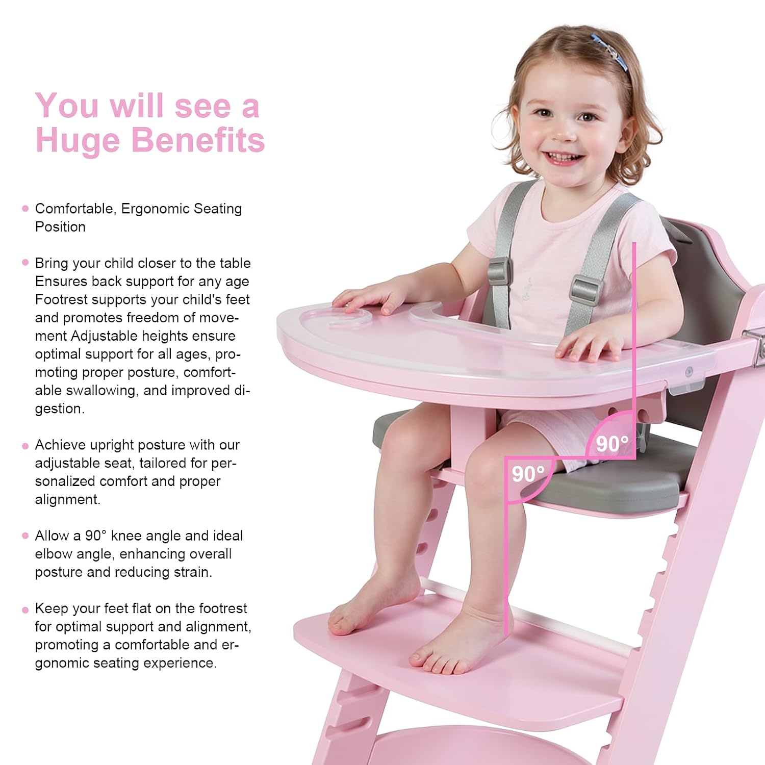 Cowiewie New Upgrade 3-in-1 Convertible Wooden High Chair for Babies & Toddlers 10 Levels Adjustable 3-Tier Remove 2 Waterproof Cozy Cushions Pink