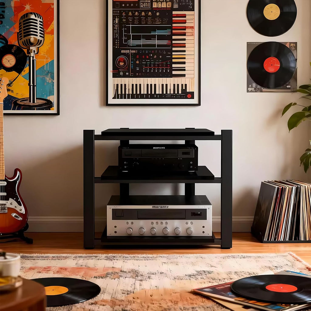 Heavy Duty Audio Rack Tower, Av Media Player Stand with Wooden Shelves, Black Cd Stereo Equipment Cabinet, Suitable for Home,Office/Audio Video/Theate (Black, 3 Tier)