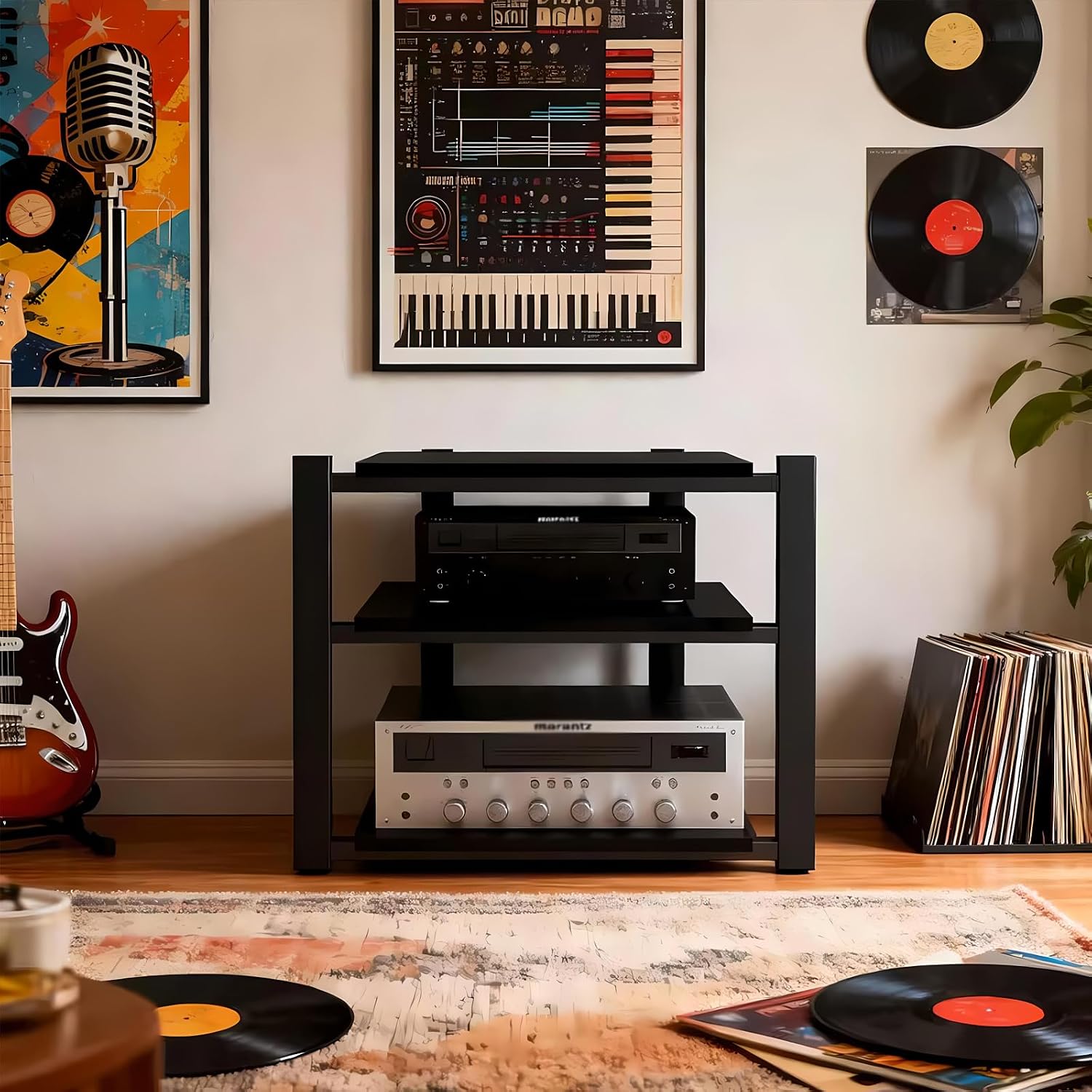 Heavy Duty Audio Rack Tower, Av Media Player Stand with Wooden Shelves, Black Cd Stereo Equipment Cabinet, Suitable for Home,Office/Audio Video/Theate (Black, 3 Tier)