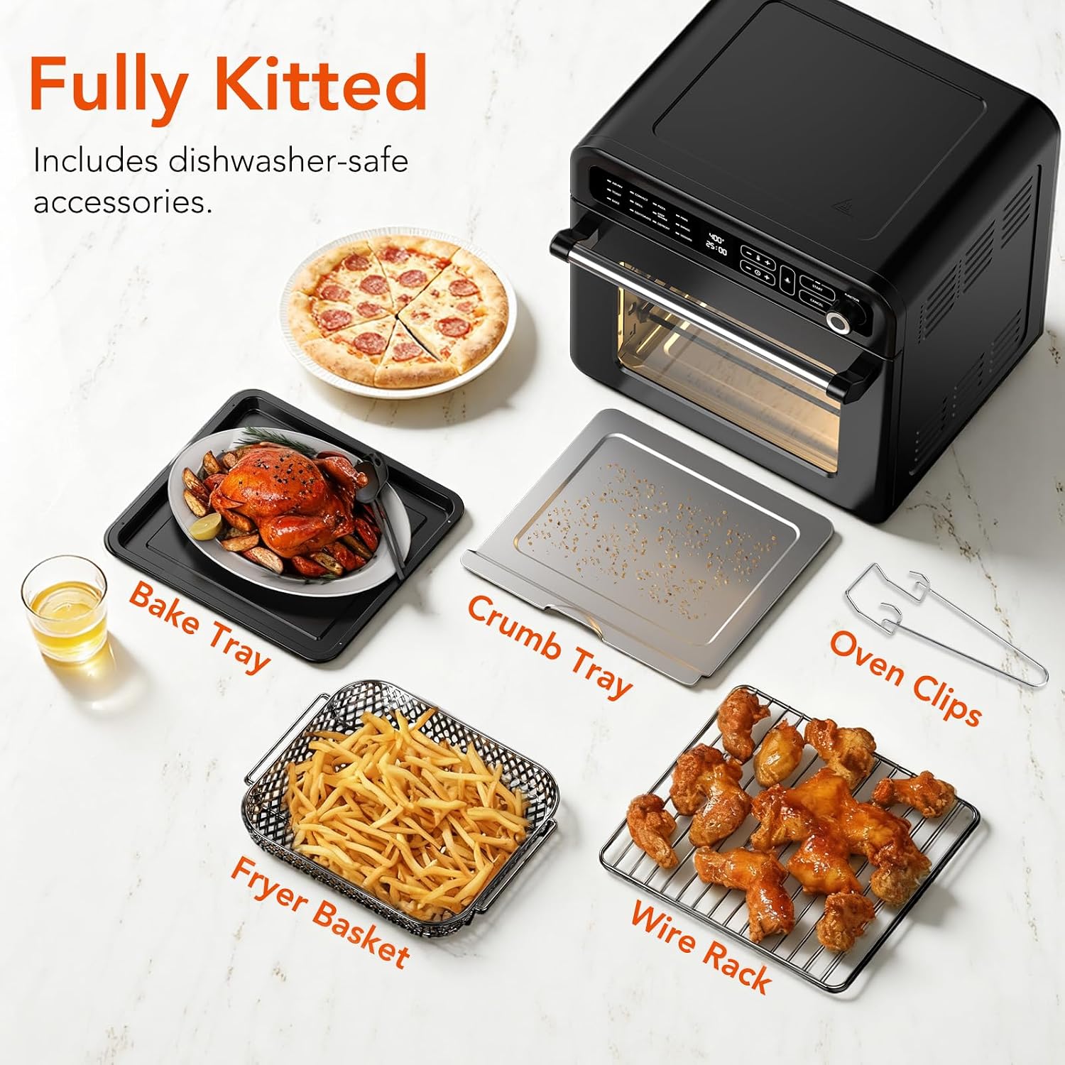 WAA Air Fryer Toaster Oven, 19 QT Air Fryer Toaster Oven Combo, 12-in-1 Digital Countertop Natural Convection Roast Bake Dehydrate and Reheat 1400W Stainless Steel, Black