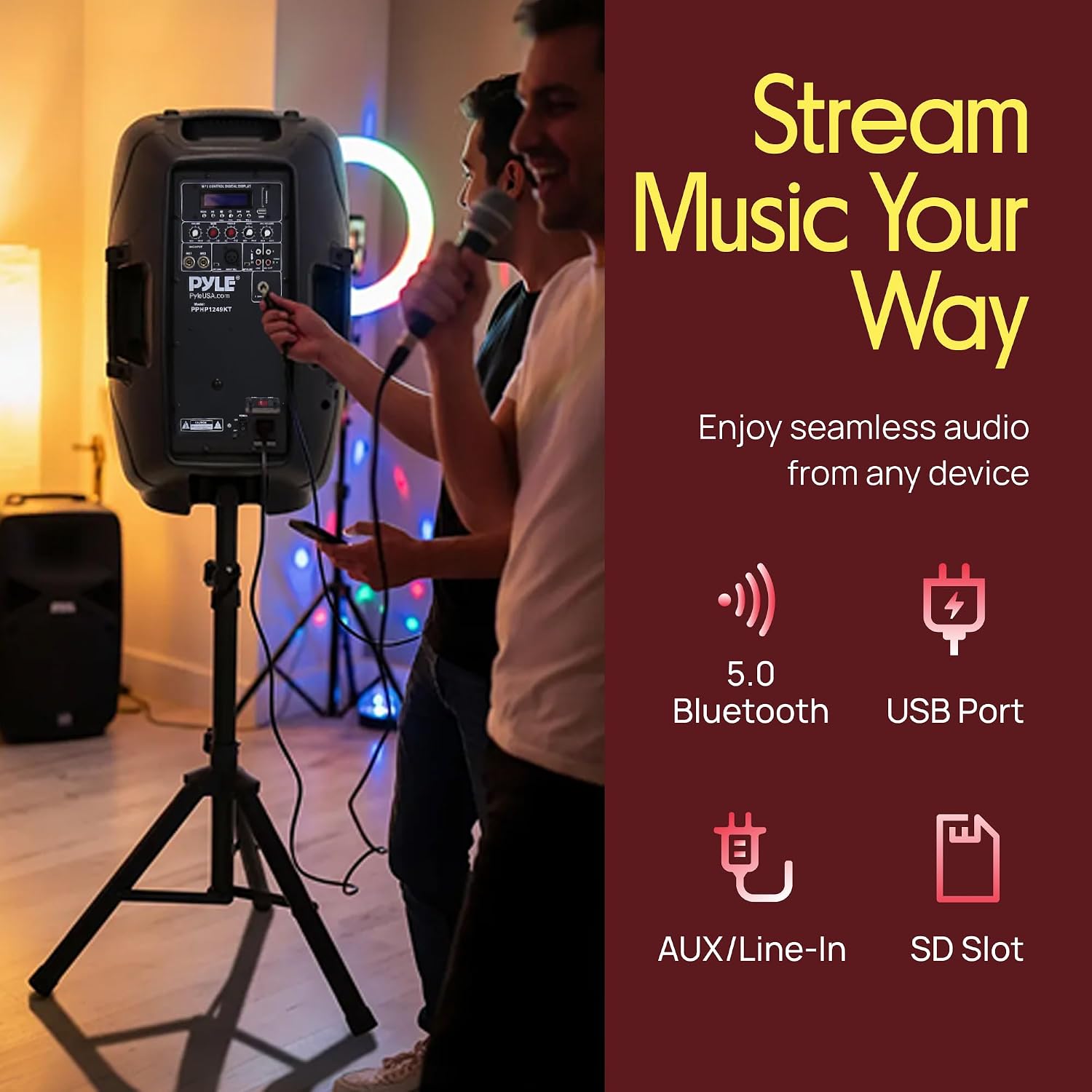 Wireless Portable PA Speaker System - 1800W High Powered Bluetooth Compatible Active + Passive Pair Outdoor Sound Speakers w/ USB SD MP3 AUX - 35mm Mount, 2 Stand, Microphone, Remote - Pyle PPHP1249KT