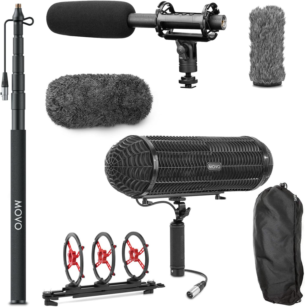 Movo Boom Mic Kit for Filmmaking – Supercardioid Shotgun Microphone, 9.8ft Boom Pole, Blimp Windscreen & Deadcat – Complete Location Sound Bundle