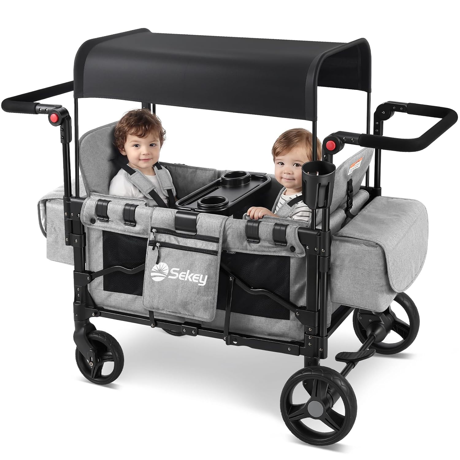 Sekey Wagon Stroller for 2 Kids, Luxury 4-in-1 Stroller Wagon - Premium Quality with Convertible Seats, Adjustable Push Handles, Removable Canopy, Snack Tray & Cooler, US Certified. Gray