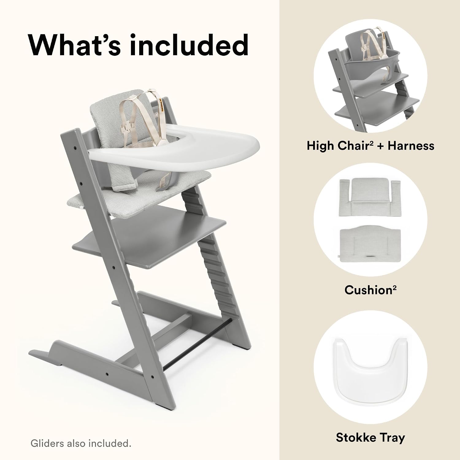 Stokke Tripp Trapp High Chair 2 (Storm Grey), Cushion 2 (Nordic Grey) + Stokke Tray (White) - Includes Chair + Baby Set 2 with Removable Harness for Children 6-36 Months