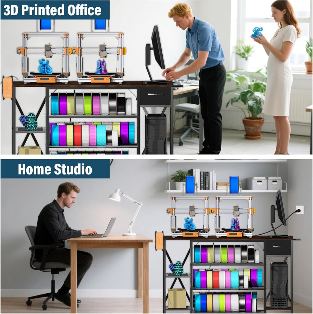 Heavy Duty 3D Printer Table with Storage, Large 4-Tier 3D Printer Stand with Power Outlet & Drawer, Sturdy Wooden Desk & Metal Filament Rack for Workshop, Home Office