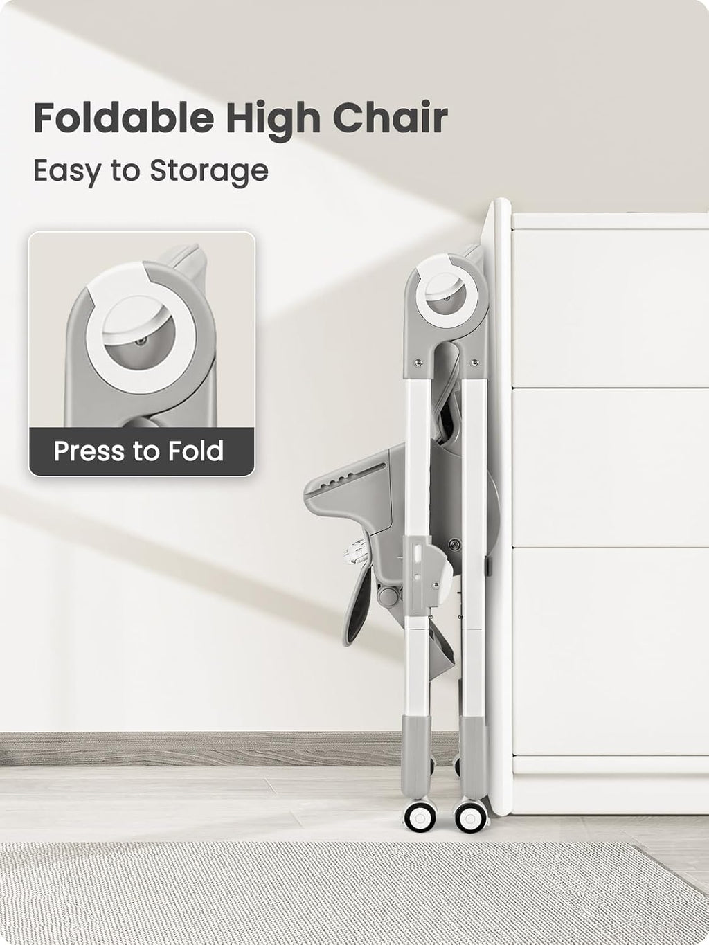 Babilous Foldable High Chair with Soft Cushion, High Chairs for Babies and Toddlers, Height Adjustable Feeding Chair, Adjustable Backrest and Footrest, Lockable Wheels, Star Gray