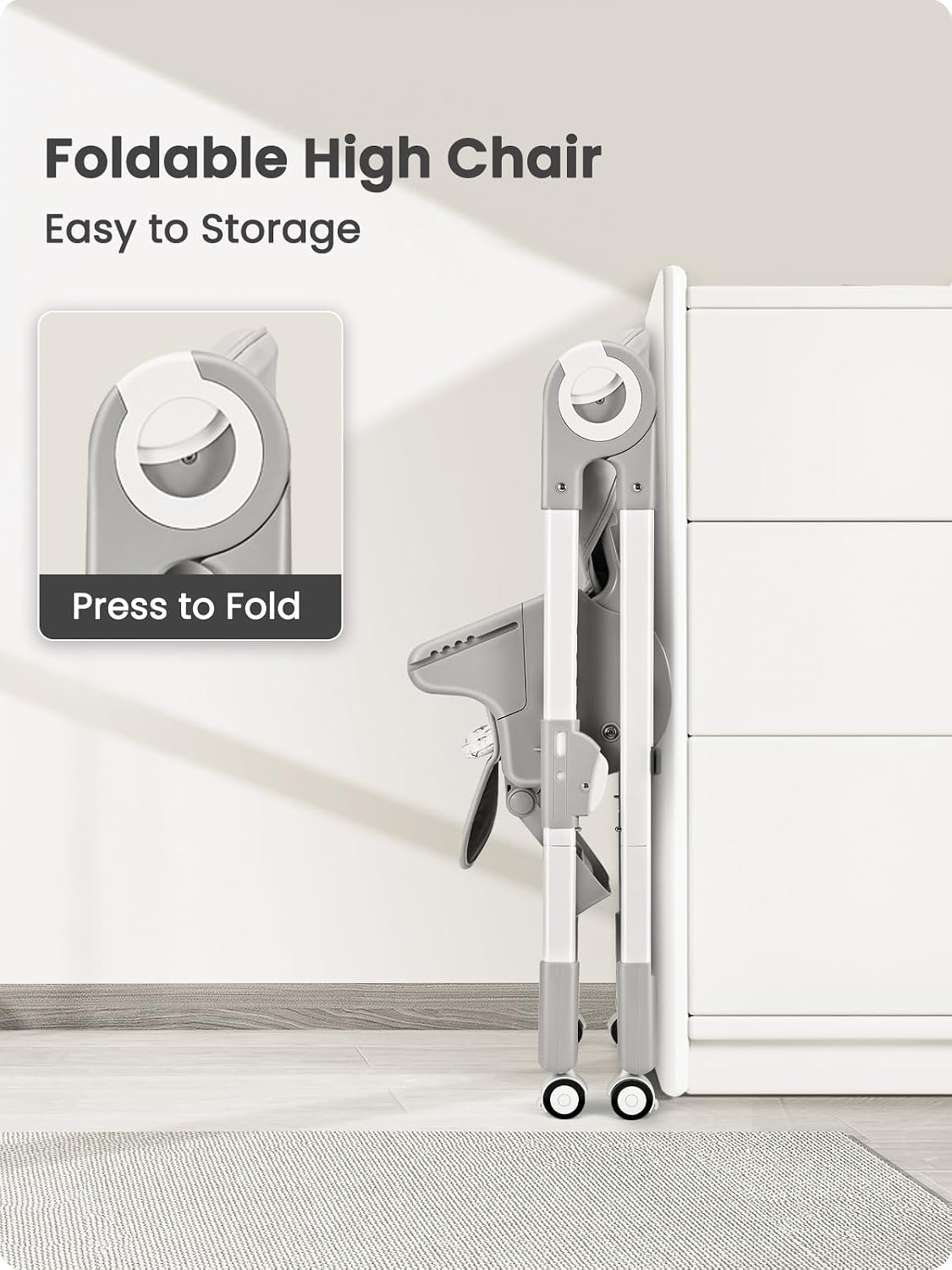 Babilous Foldable High Chair with Soft Cushion, High Chairs for Babies and Toddlers, Height Adjustable Feeding Chair, Adjustable Backrest and Footrest, Lockable Wheels, Star Gray