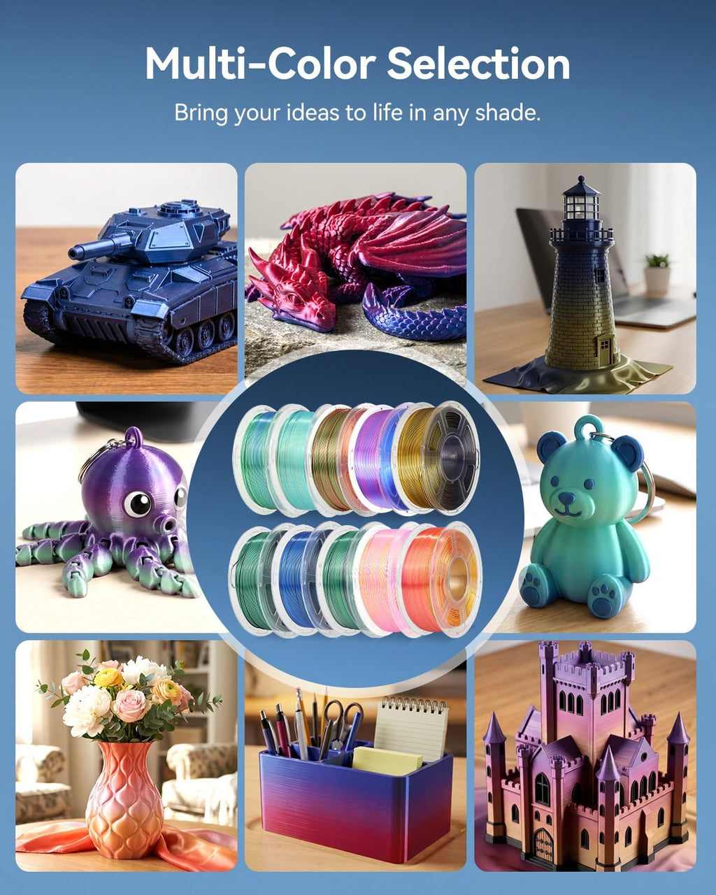 JAYO Silk Dual & Tri Color PLA Filament 1.75mm 10 Pack, Shiny Multicolor 3D Printer Filament Bundle, Blue-Green-Purple, Red-Yellow-Green & More, 1.1kg Spool Each, Compatible with Most FDM Printers