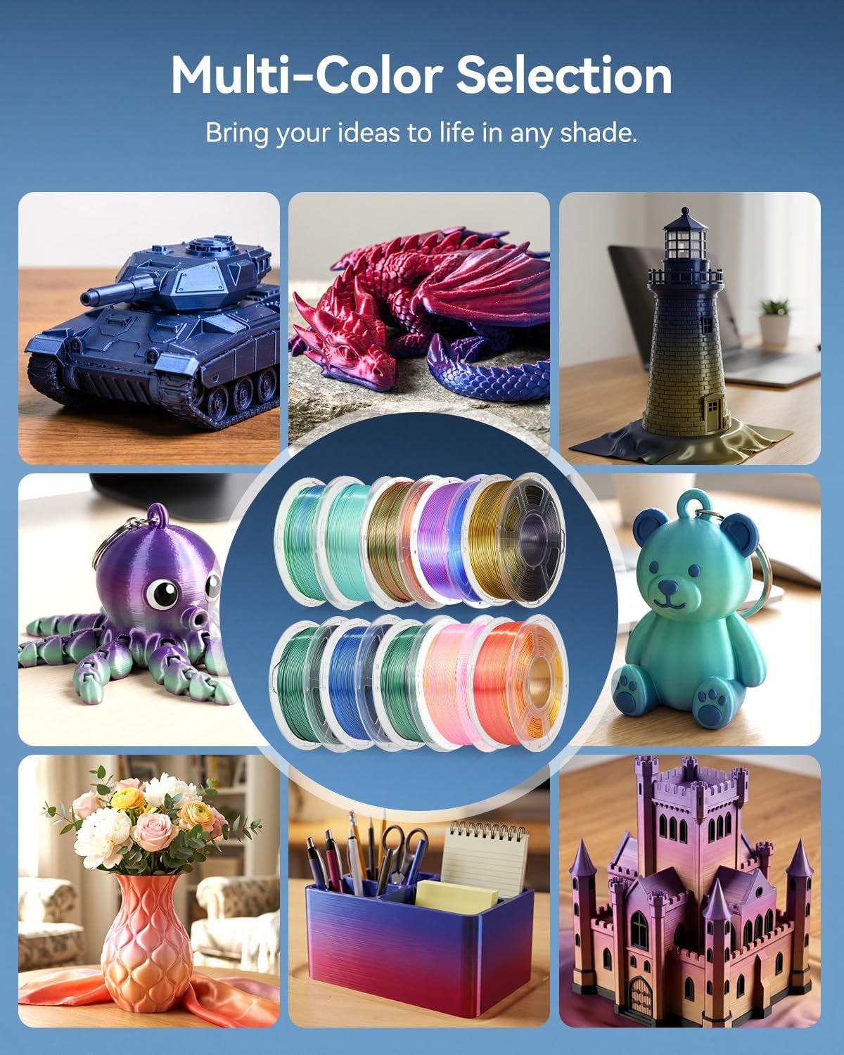 JAYO Silk Dual & Tri Color PLA Filament 1.75mm 10 Pack, Shiny Multicolor 3D Printer Filament Bundle, Blue-Green-Purple, Red-Yellow-Green & More, 1.1kg Spool Each, Compatible with Most FDM Printers