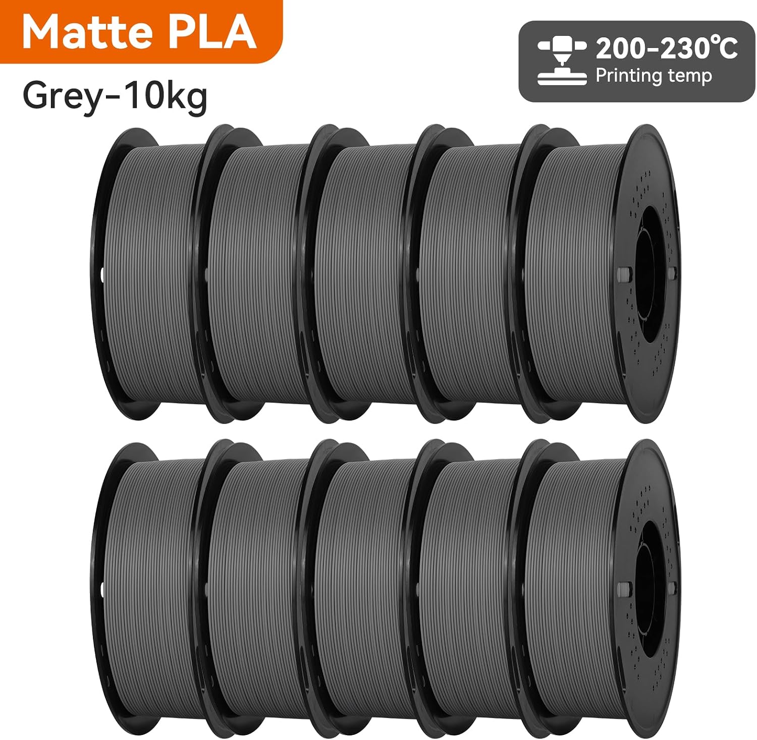 Kingroon Matte PLA Filament 1.75mm 3D Printer Filament Matte Filament 10kg Dimensional Accuracy +/- 0.02 mm (10 Rolls Grey)