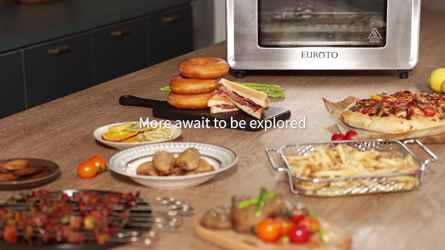 EUROTO Stainless Steel Large Capacity 26.8 QT Air Fryer Oven, 24 in 1 Multi-function, 360 Air Circulation Toaster Oven, LCD digital Display, 4 Layer Shelves, Included Oven Gloves & Apron Up to 450°F