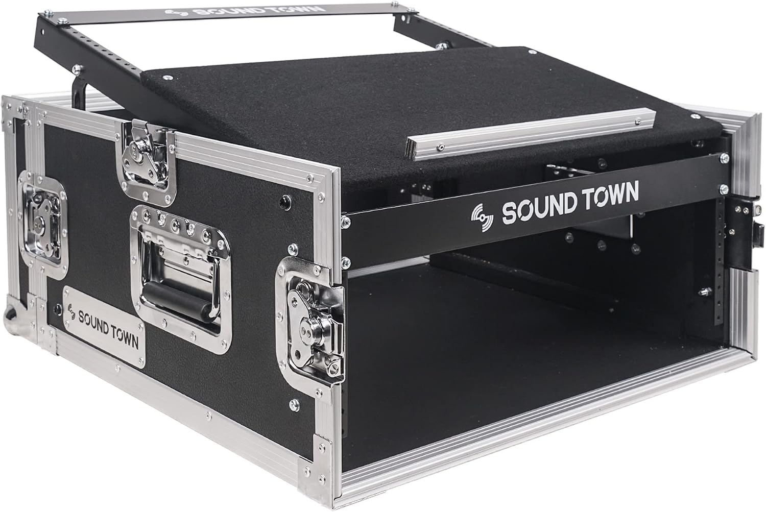 Sound Town 4U PA DJ Pro Audio Rack/Road ATA Case with 11U Slant Mixer Top, 20.2' Rackable Depth, 4 Space Size - Pro Tour Grade (STMR-4U)