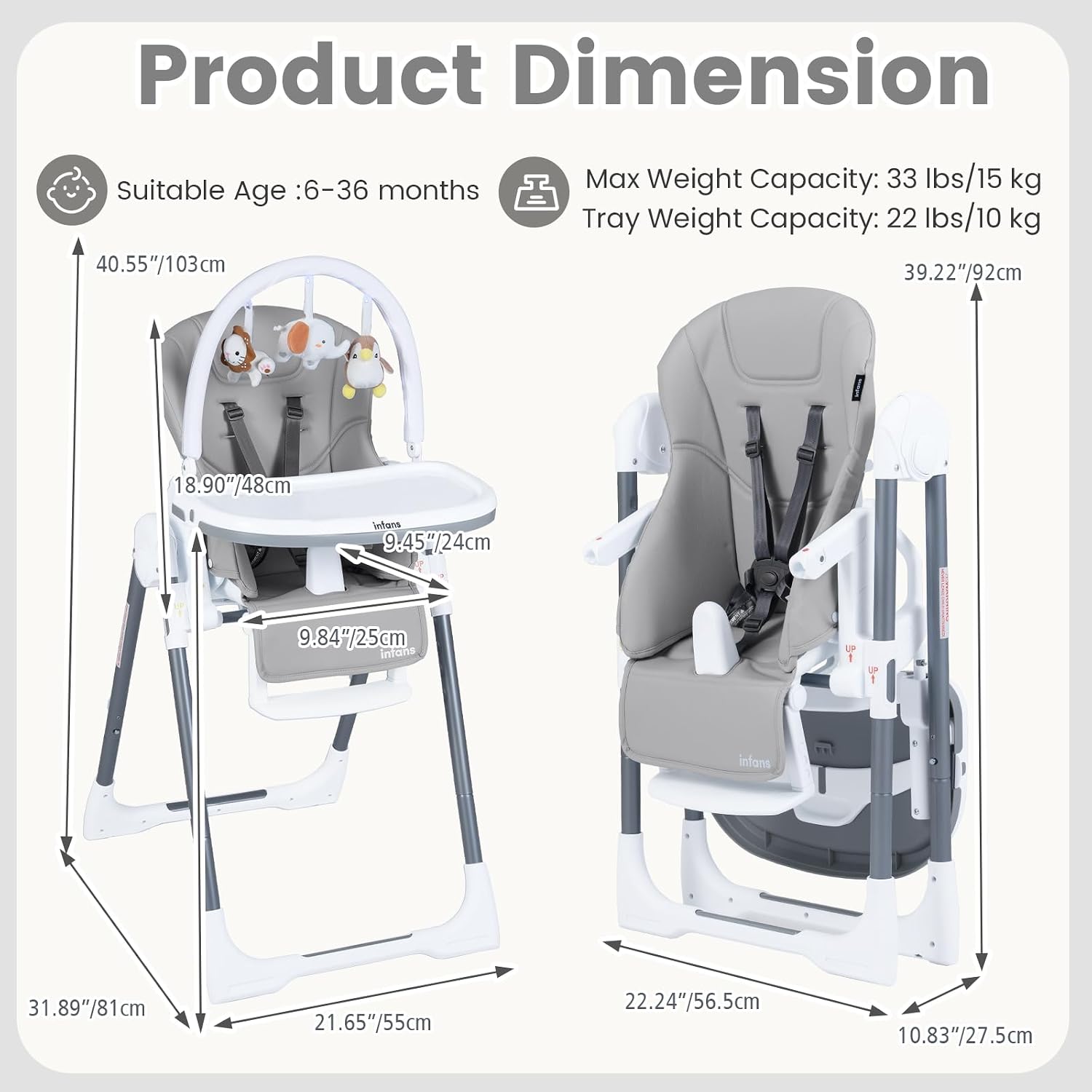 INFANS High Chair for Babies and Toddlers, Foldable Highchair with 7 Different Heights 4 Reclining Backrest Seat 3 Setting Footrest, Removable Tray Built-in Rear Wheels with Locks