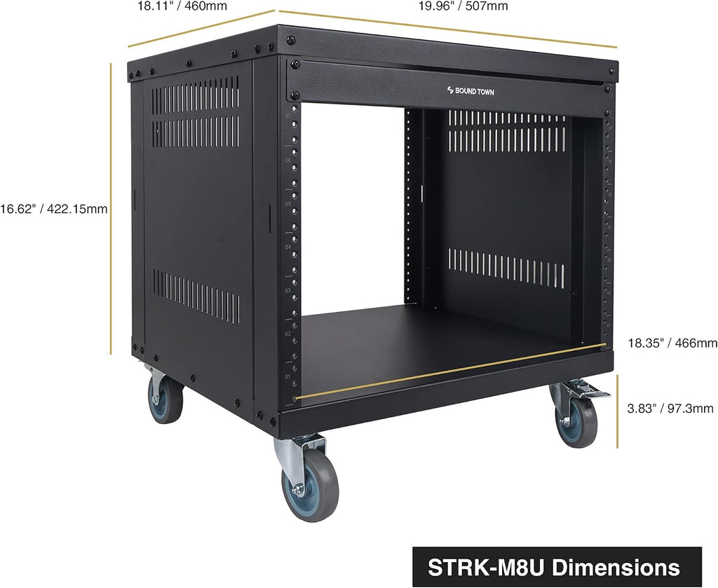 Sound Town 8U Universal Steel Rack, w/ 3' Locking Casters, Vented Side Panels for Audio Video, Server and Network Equipment (STRK-M8U)