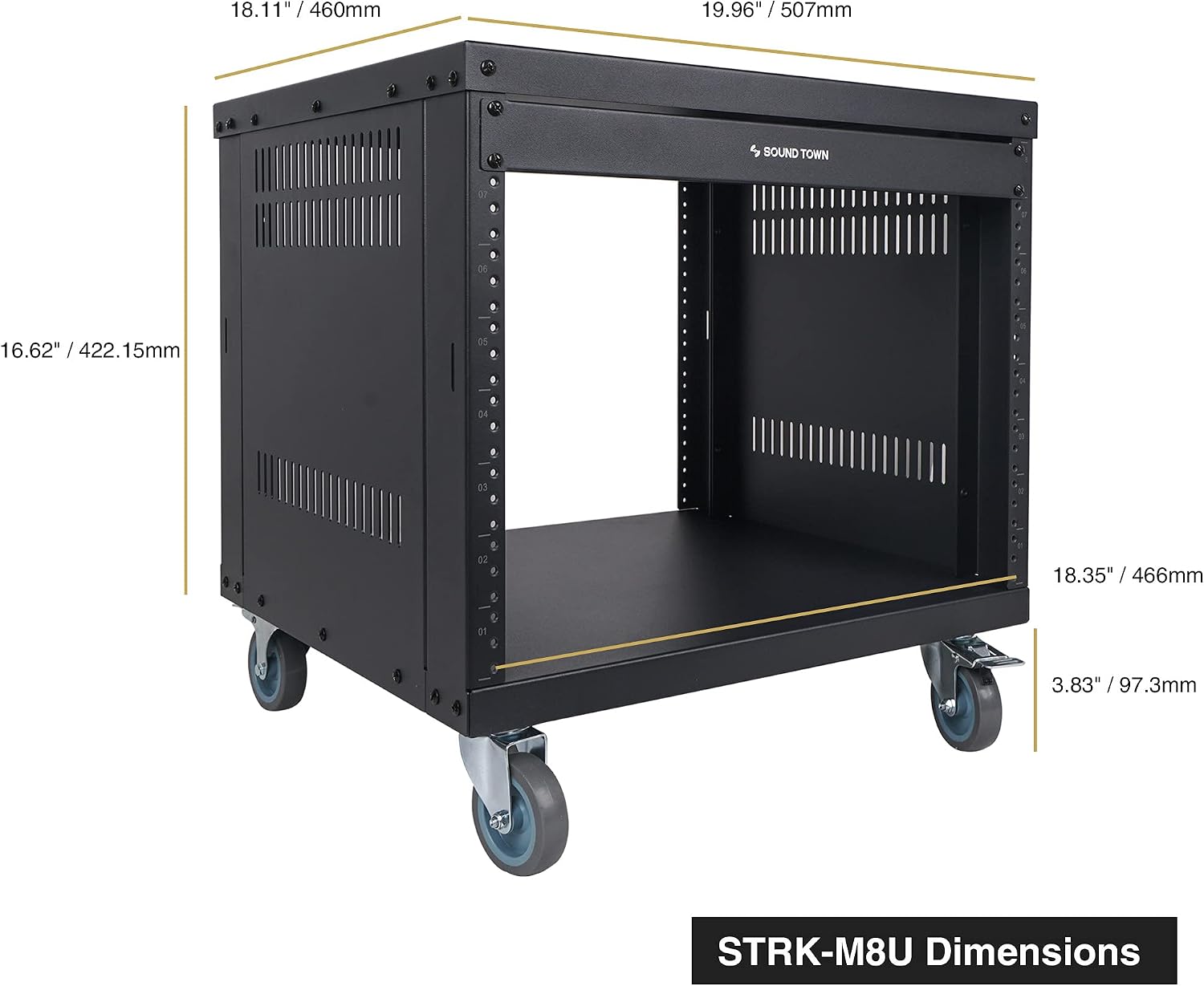 Sound Town 8U Universal Steel Rack, w/ 3' Locking Casters, Vented Side Panels for Audio Video, Server and Network Equipment (STRK-M8U)