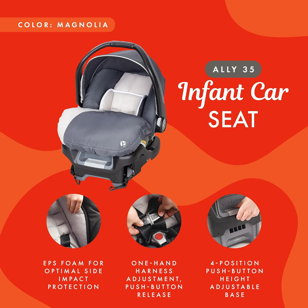 Baby Trend Ally Newborn Baby Infant Car Seat Carrier Travel System with Harness and Extra Cozy Cover for Babies Up to 35 Pounds, Gray Magnolia