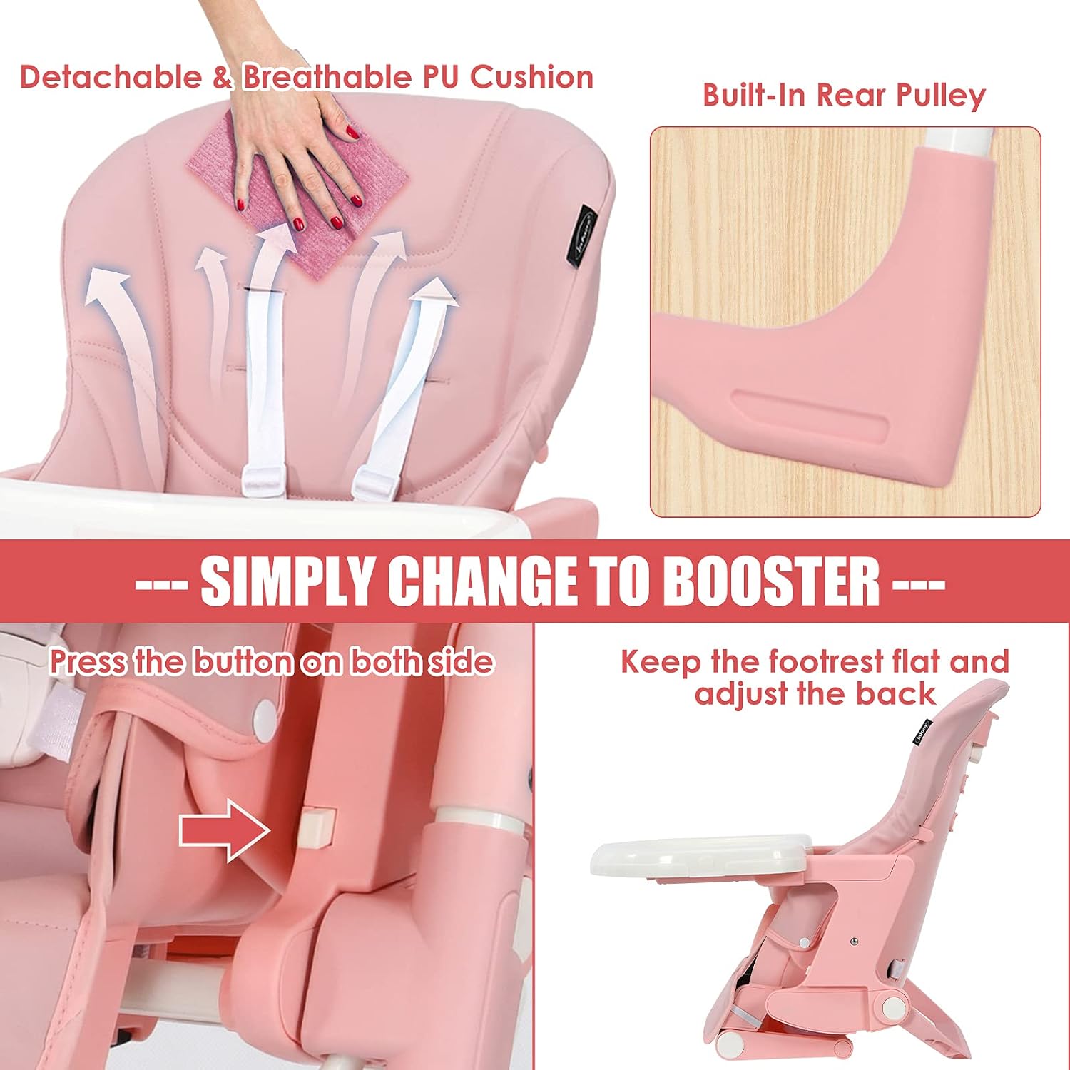 INFANS 4 in 1 High Chair–Booster Seat, Convertible Highchair w/Adjustable Height and Recline,Removable Tray,DetachableCushion, Installation-Free,Simple Fold for Baby, Infant& Toddler (Pink)
