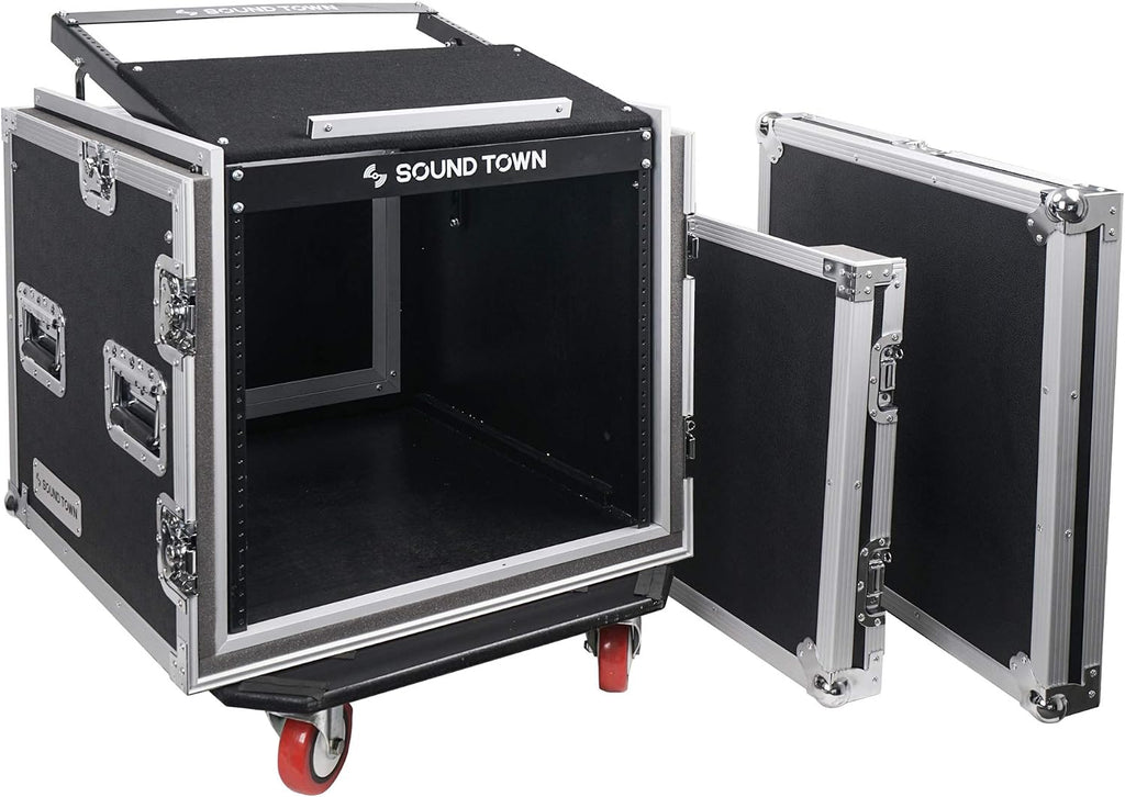 Sound Town Shock Mount 10U ATA Rack Case with 20' Rackable Depth, 11U Slant Mixer Top and Casters, 10-Space Size - Pro Tour Grade (STMR-SP10UW)