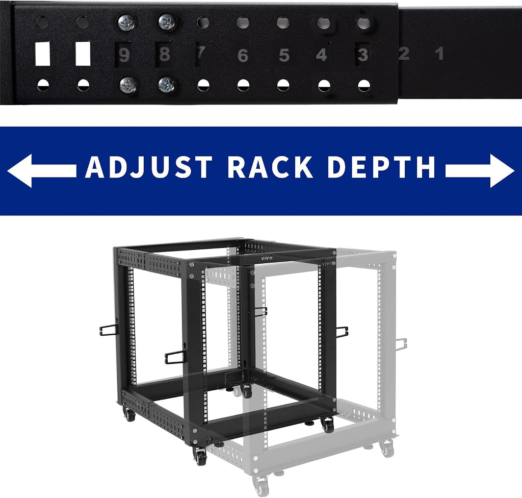 VIVO 12U Freestanding Server Rack, Mobile Open Frame 22 to 40 Inch Adjustable Network Server Cart, Black Steel, CART-SR12U