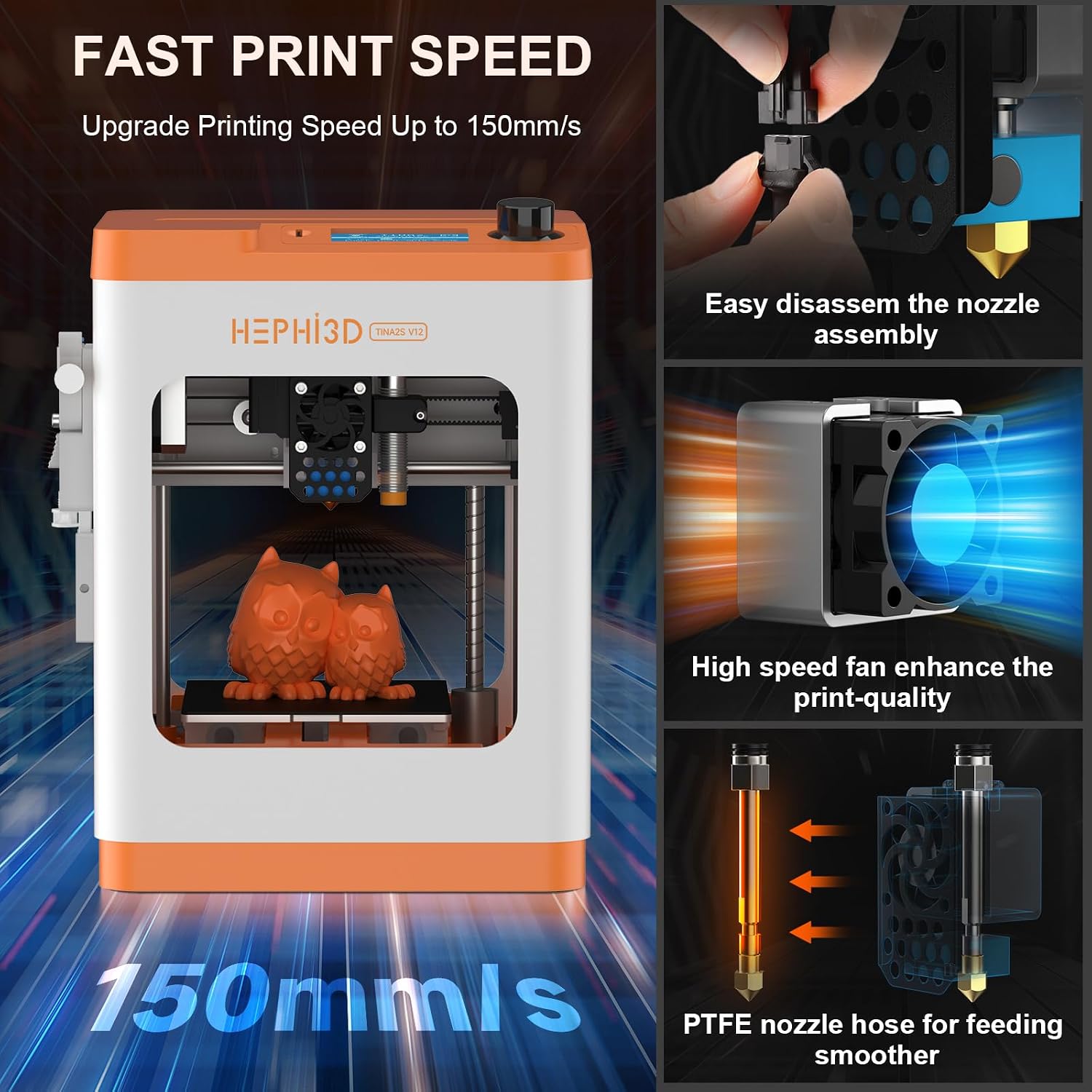 TINA2S 3D Printer, HEPHI3D 3D Printers for Beginners, WiFi Cloud Printing Mini 3D Printer Fully Assembly, Auto Leveling 3D Printers for Kids Silent Print, Open Source DIY 3D Printer for Home, School