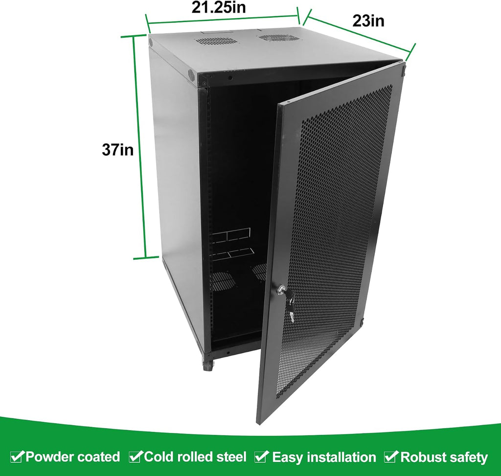 18U Server Cabinet Wall Mount Rack Enclosure with Caster Wheels 2 Server Fans Locking Grid Gate Removable Side Panels 19' Network Cabinet 15-18.5' Installation Depth Heavy-Duty Frame (37INCH, 18U)