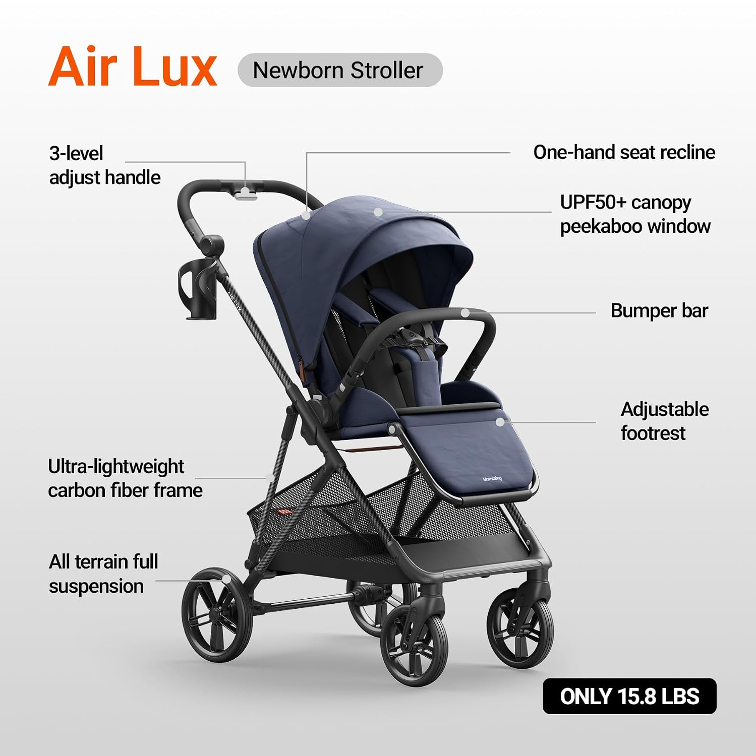 MAMAZING Air Lux Baby Stroller, Carbon Fiber Frame Only 15.8lbs, Compact Fold Toddler Stroller with Reversible All-Season Seat, Included UPF 50+ Canopy, Large Storage Basket, Magnetic Buckle Harness