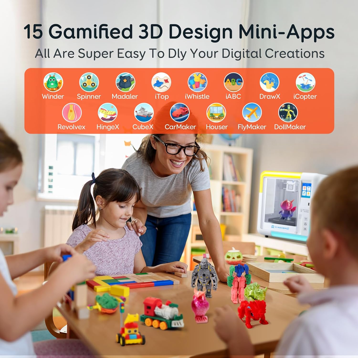 AOSEED 3D Printer for Kids & Beginners, AI-Powered Fully Assembled 3D Printer with Up to 400mm/s Speed, Auto Leveling, 15 Mini Apps, Includes 8 PLA Filaments for Home and School Use, X-MAKER AI+