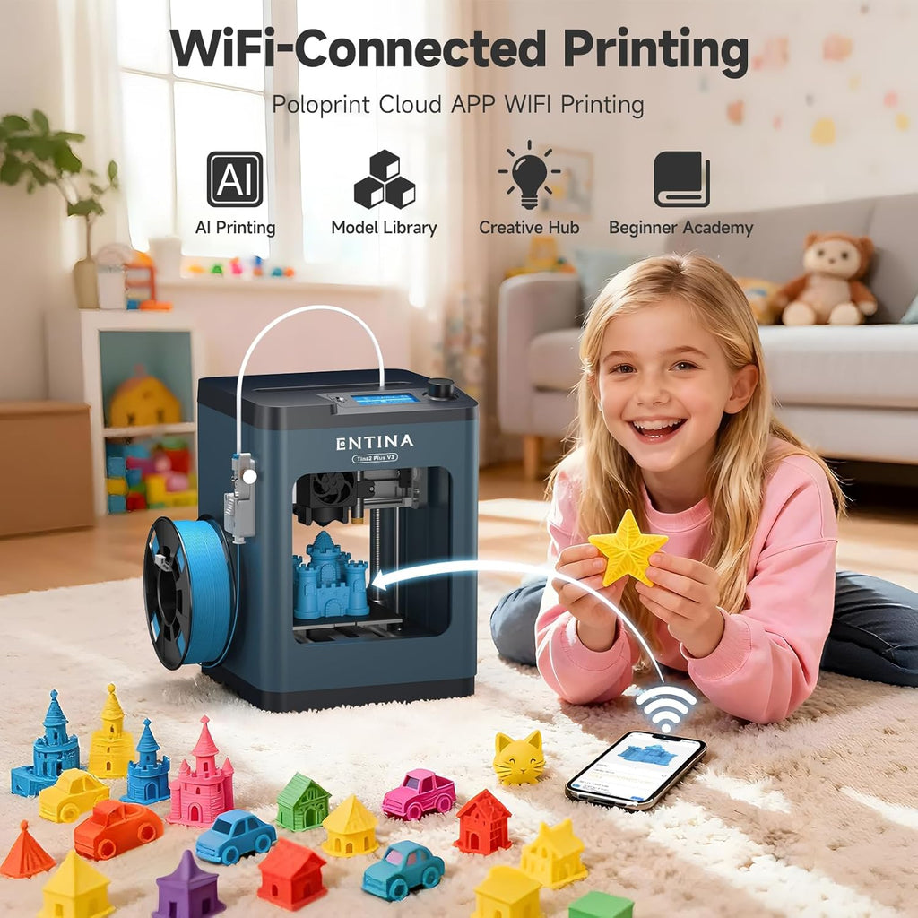 Entina TINA2Plus V3 3D Printers, 250mm/s High Speed Auto Leveling FDM Mini 3D Printer with Spring Steel Platform, Fully Assembled 3D Printer for Kids and Beginners with WiFi High Precision 3D Printing