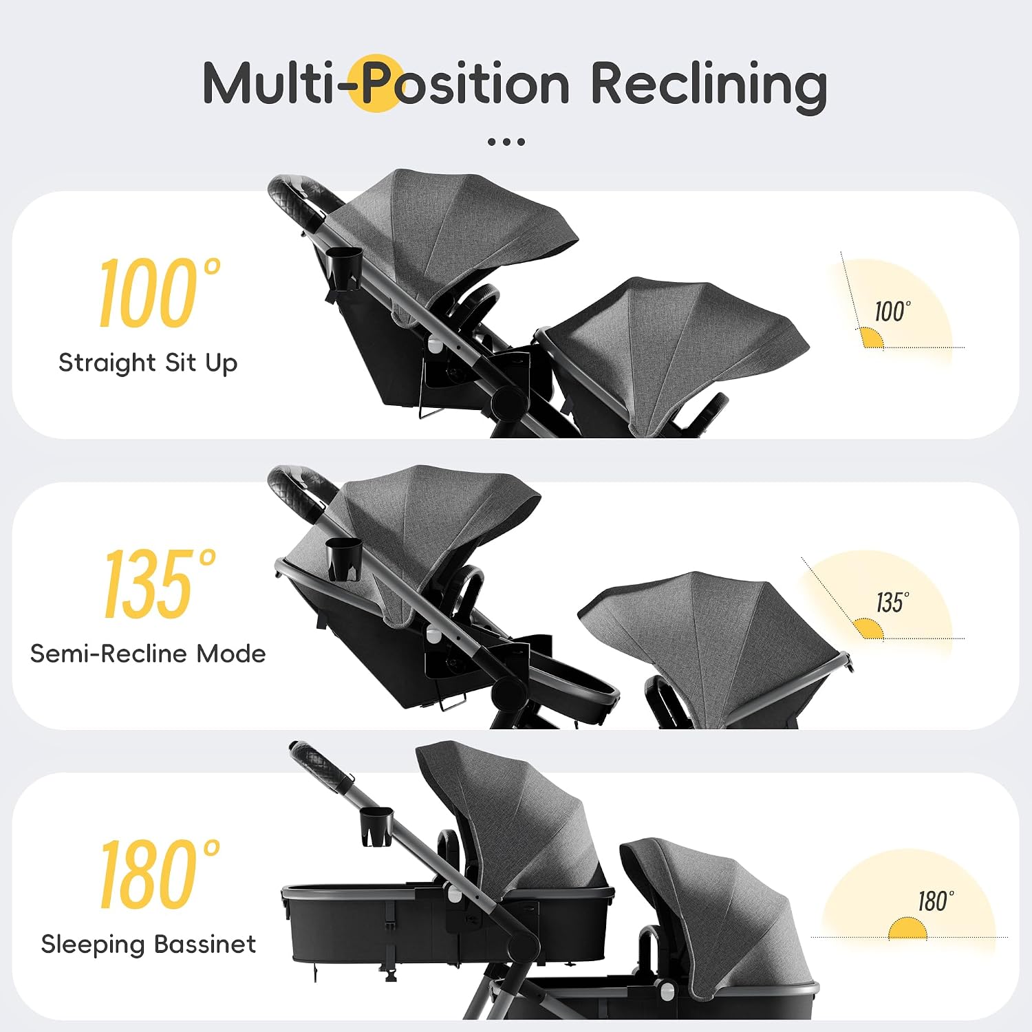 MU Double Stroller, Foldable Twin Tandem Stroller with Adjustable Backrest, Reversible Seat, 5-Point Harness, Storage Basket, Convertible Baby Bassinet for Infant and Toddler, Gray