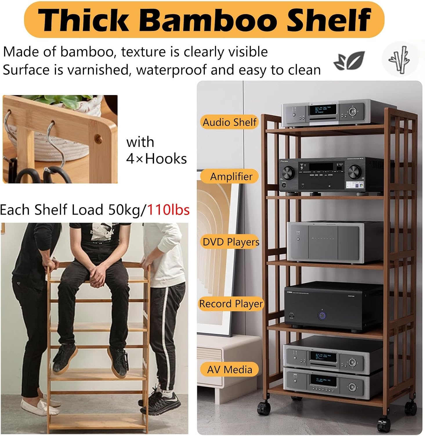 19 Inch Audio Rack Wood, 2 Tier Rolling Stereo Stand Cabinet with Height Adjustable Shelf, Heavy Duty AV Media Holder for Storage DVD Players/Game Console/TV Box(Natural,W 55 cm(21 2/3 in))